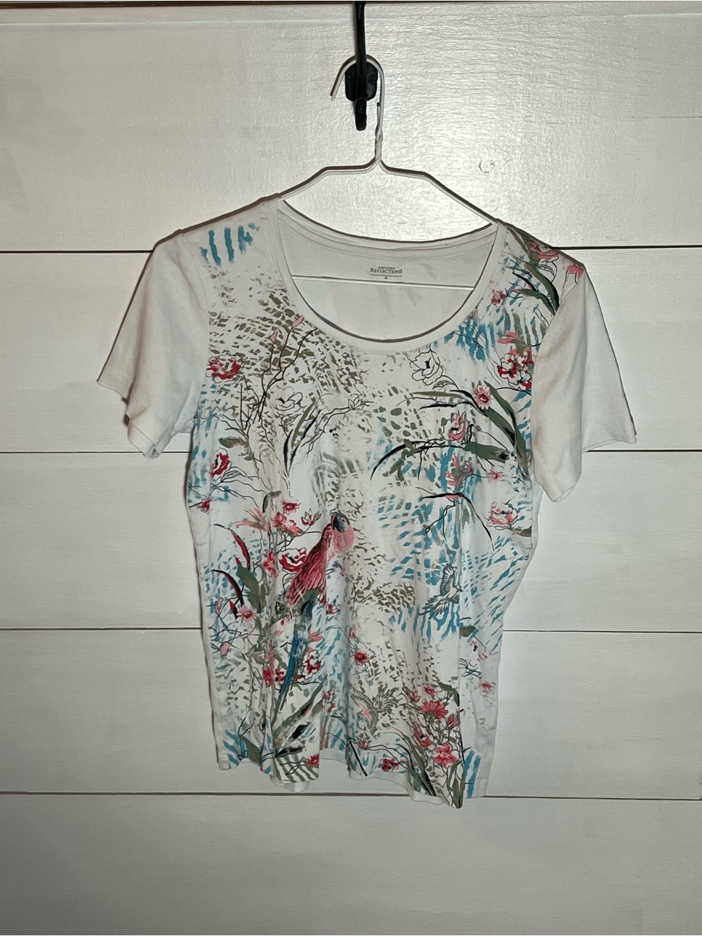 Northern Reflections White Scoop Neck Tee with Pink & Teal Floral Bird Print